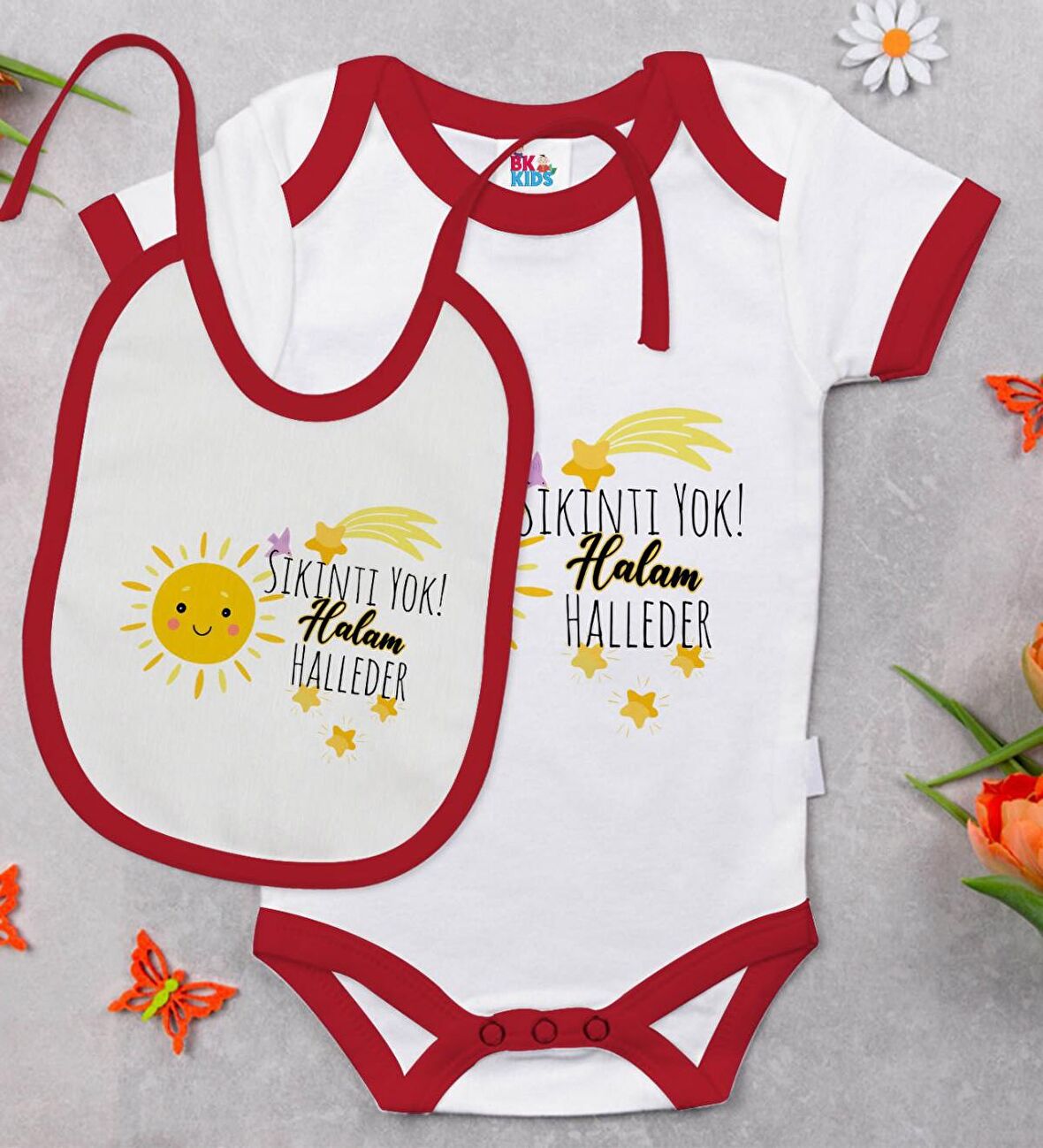 BK Kids Sıkıntı Yok Halam Halleder Tasarımlı Kırmızı Bebek Body Zıbın ve Mama Önlüğü Hediye Seti-1