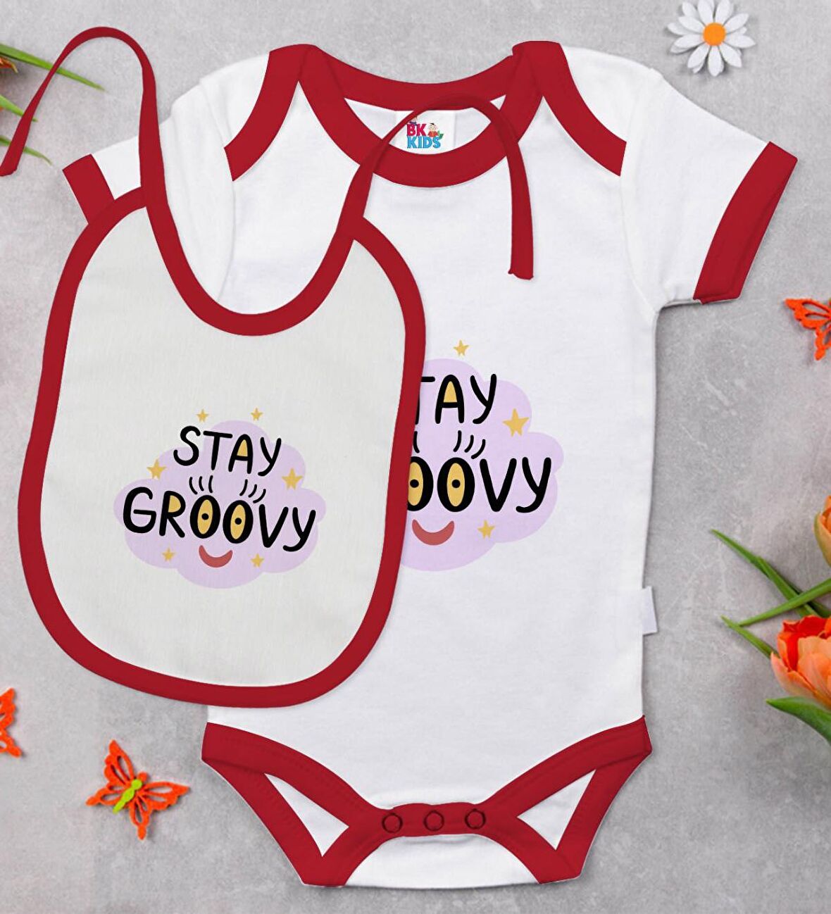 BK Kids Stay Groovy Tasarımlı Kırmızı Bebek Body Zıbın ve Mama Önlüğü Hediye Seti-1
