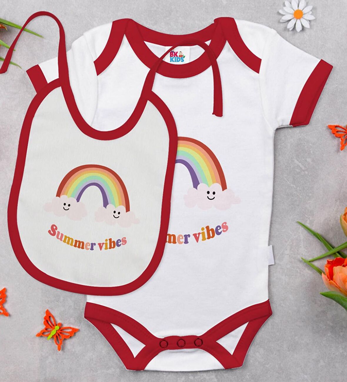 BK Kids Summer Vibes Tasarımlı Kırmızı Bebek Body Zıbın ve Mama Önlüğü Hediye Seti-2