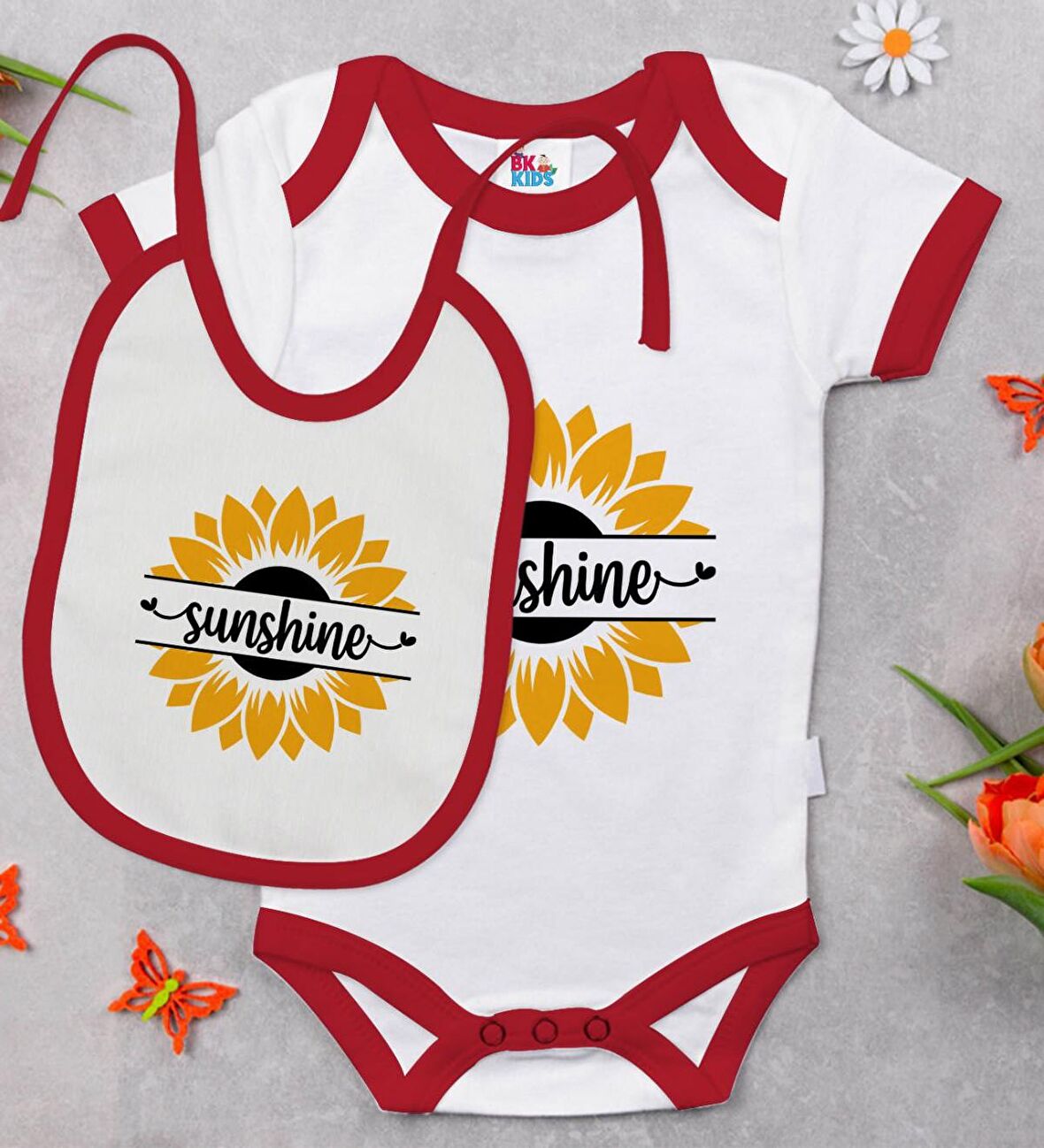 BK Kids Sunshine Tasarımlı Kırmızı Bebek Body Zıbın ve Mama Önlüğü Hediye Seti-1