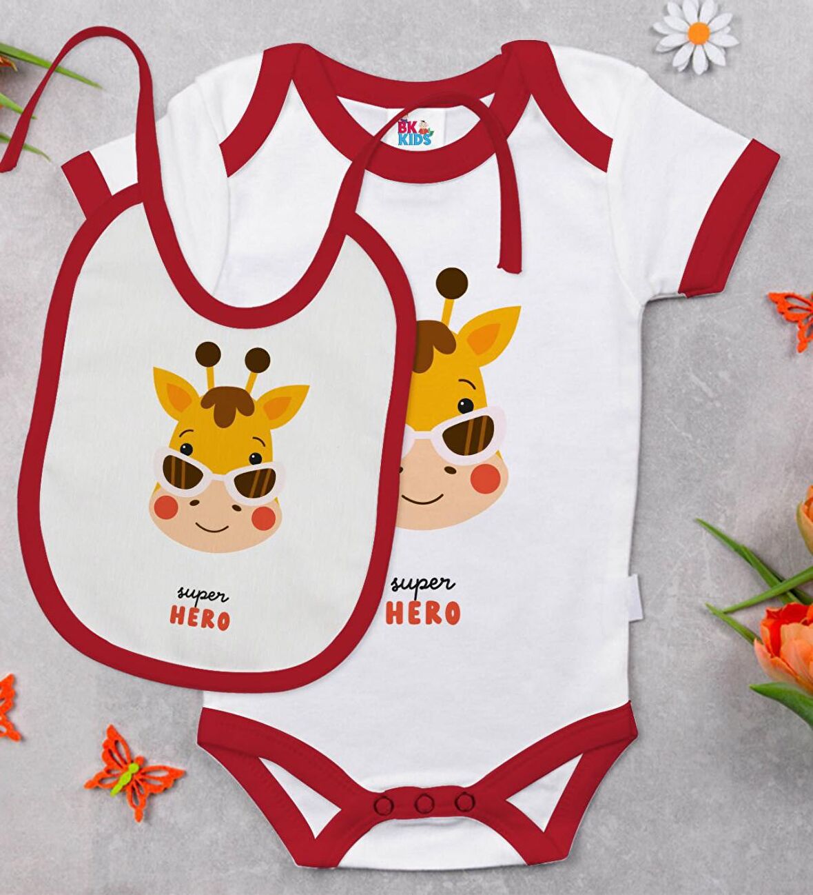 BK Kids Super Hero Tasarımlı Kırmızı Bebek Body Zıbın ve Mama Önlüğü Hediye Seti-1