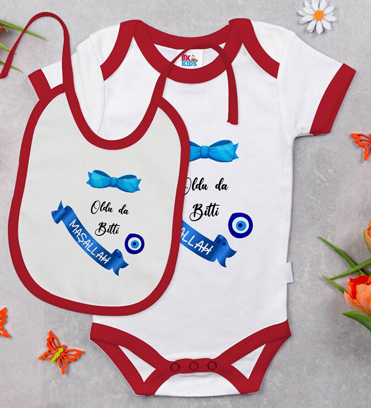 BK Kids Sünnet Tasarımlı Kırmızı Bebek Body Zıbın ve Mama Önlüğü Hediye Seti-1