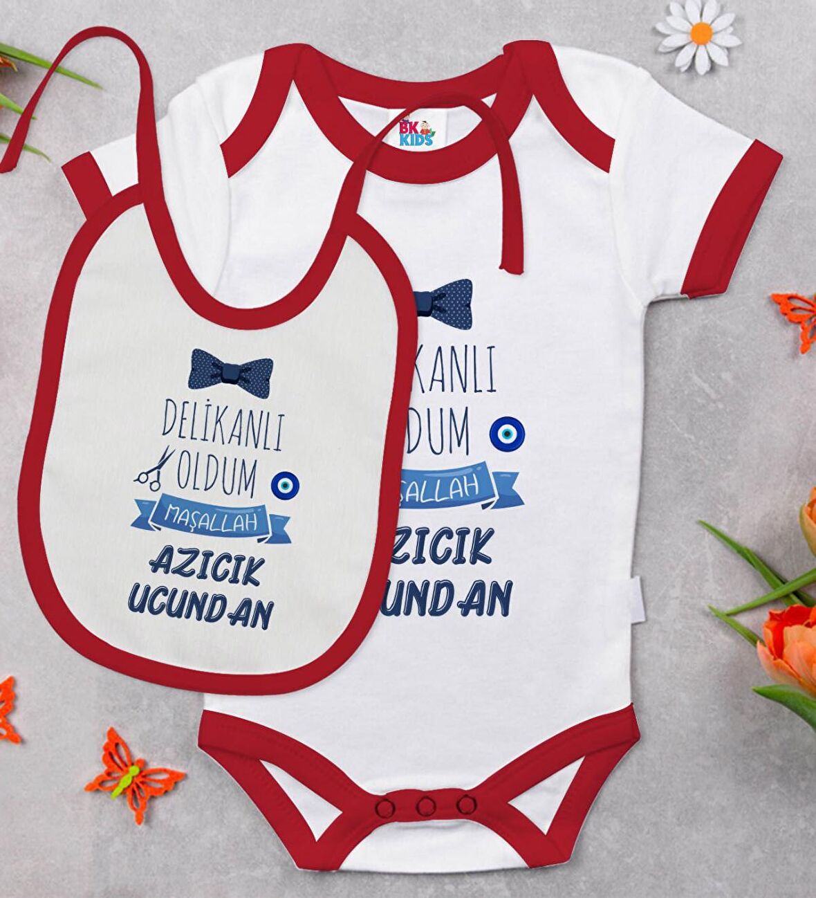 BK Kids Sünnet Tasarımlı Kırmızı Bebek Body Zıbın ve Mama Önlüğü Hediye Seti-5