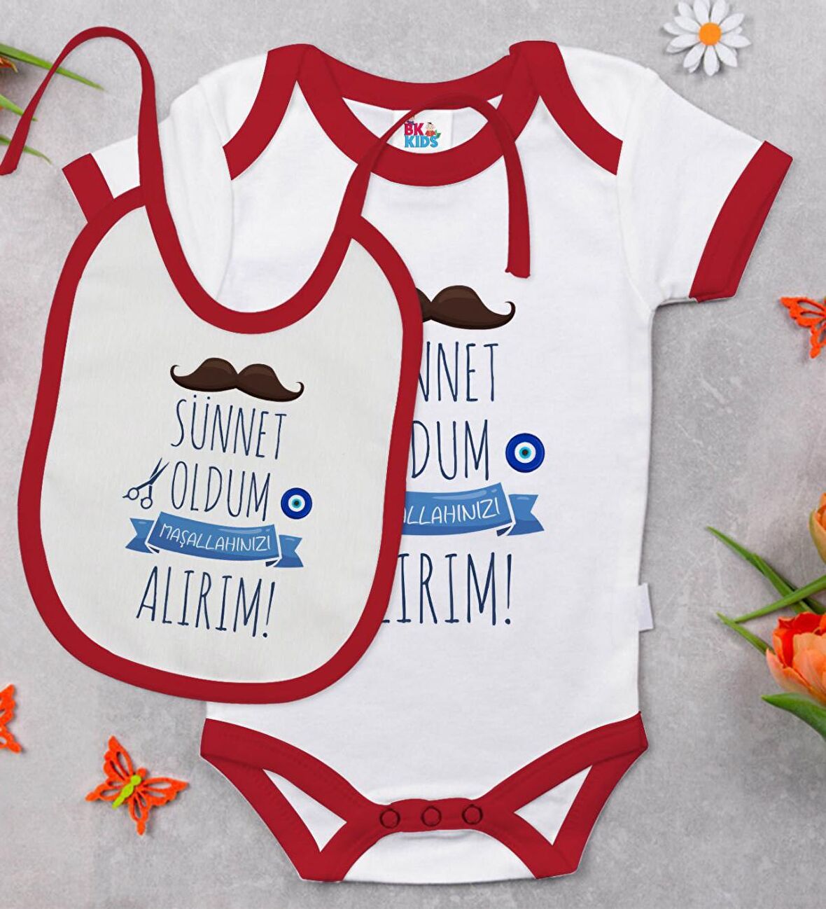 BK Kids Sünnet Tasarımlı Kırmızı Bebek Body Zıbın ve Mama Önlüğü Hediye Seti-6