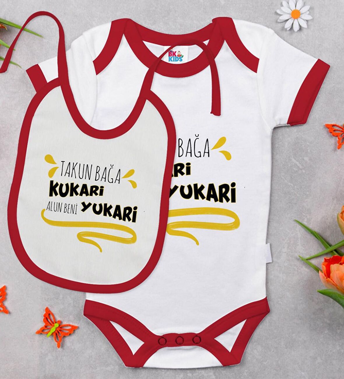 BK Kids Takun Bağa Kukari Tasarımlı Kırmızı Bebek Body Zıbın ve Mama Önlüğü Hediye Seti-1
