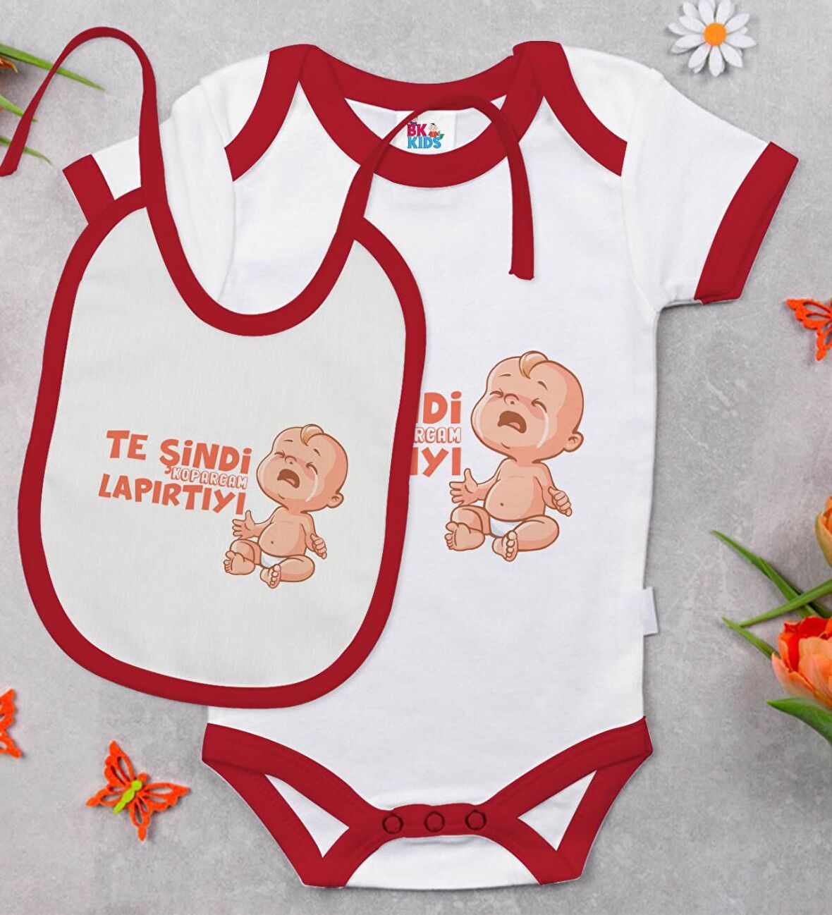 BK Kids Te Şindi Koparacam Tasarımlı Kırmızı Bebek Body Zıbın ve Mama Önlüğü Hediye Seti-1