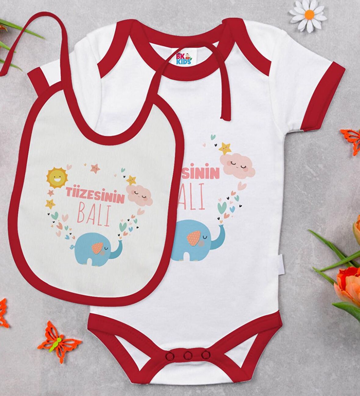 BK Kids Tiizesinin Balı Tasarımlı Kırmızı Bebek Body Zıbın ve Mama Önlüğü Hediye Seti-1