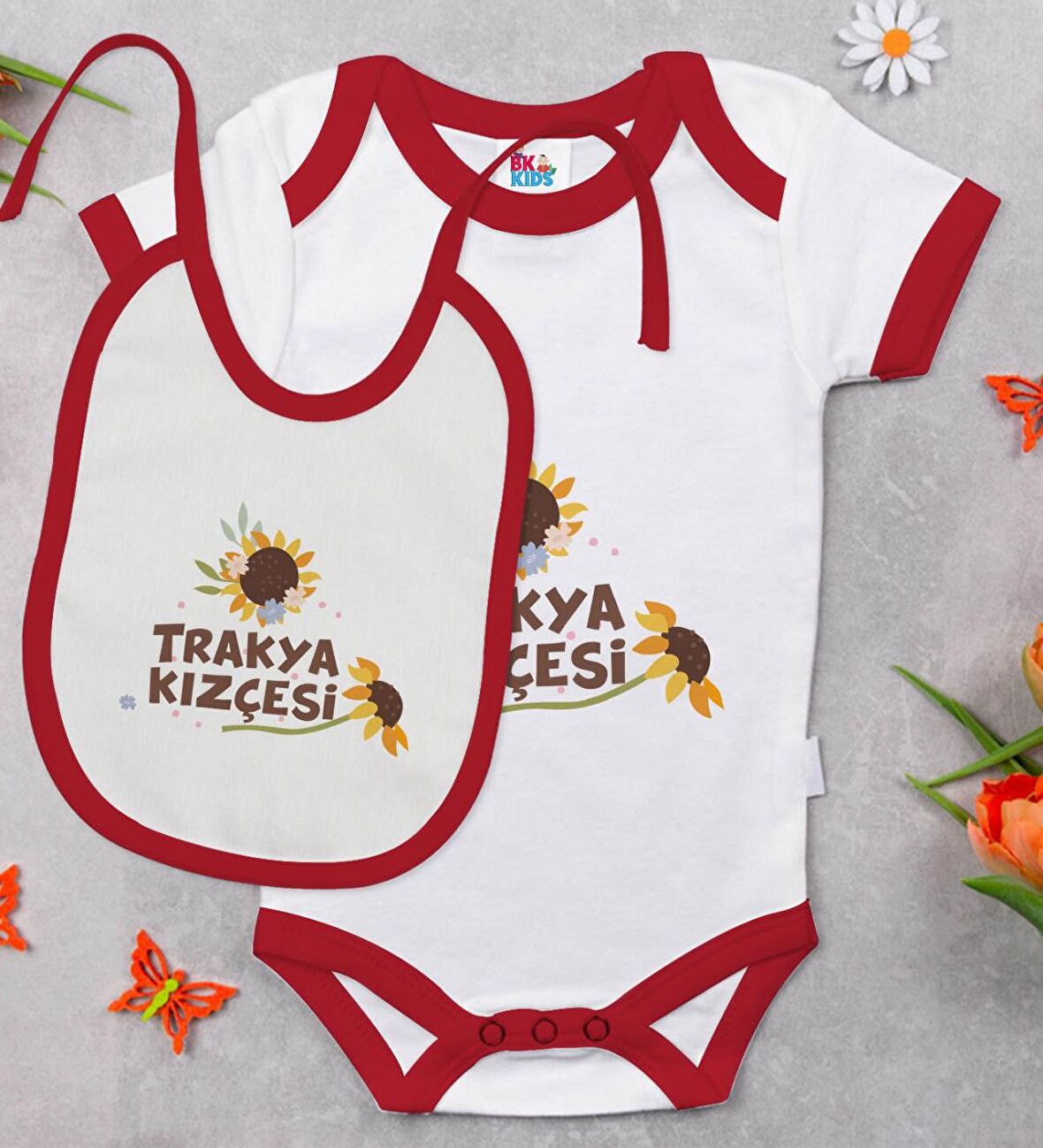 BK Kids Trakya Kızçesi Tasarımlı Kırmızı Bebek Body Zıbın ve Mama Önlüğü Hediye Seti-2