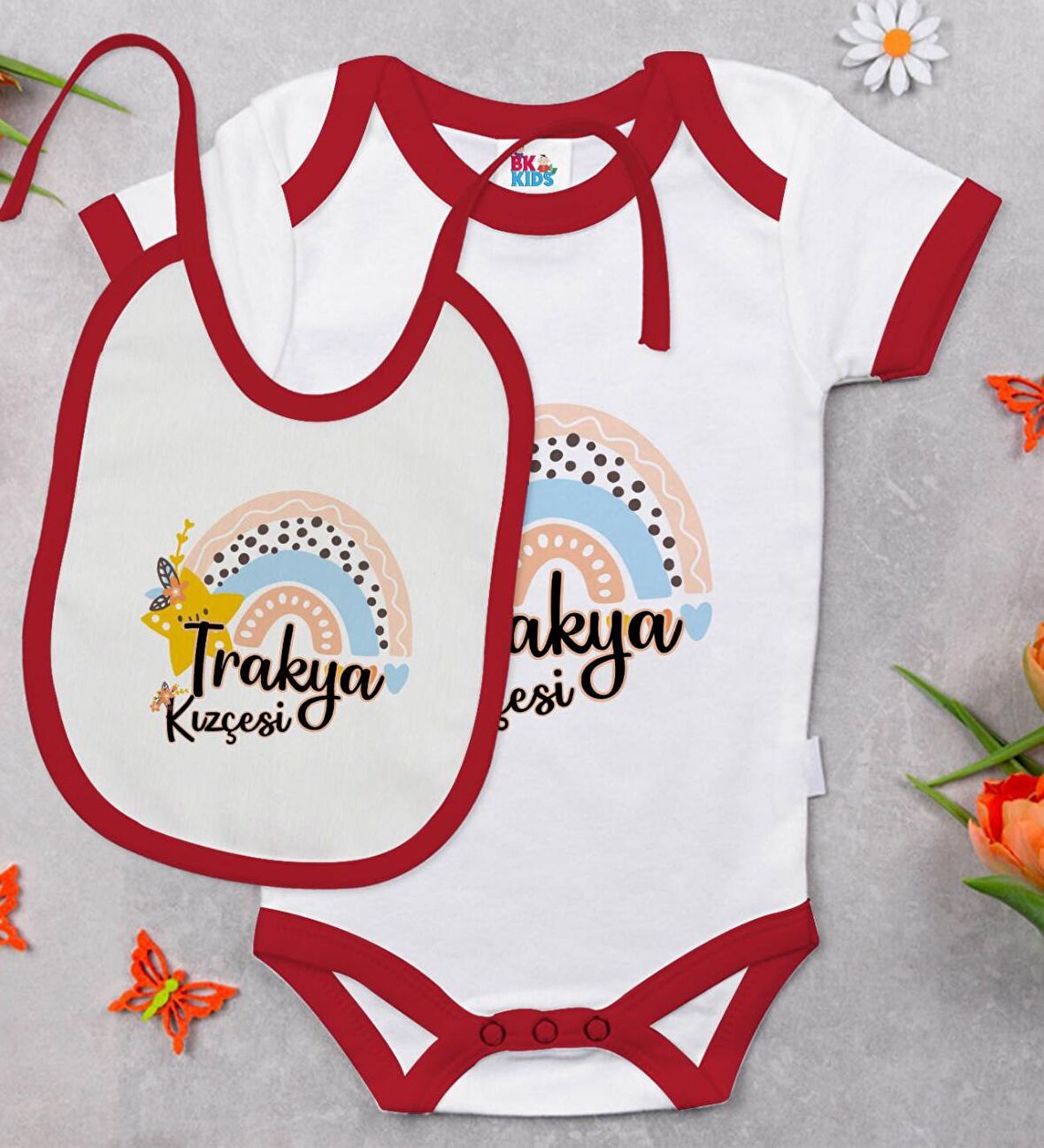 BK Kids Trakya Kızçesi Tasarımlı Kırmızı Bebek Body Zıbın ve Mama Önlüğü Hediye Seti