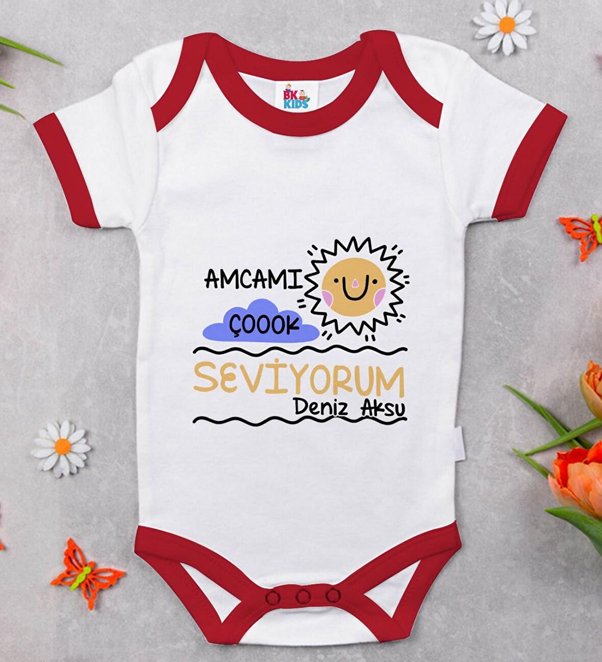 BK Kids Kişiye Özel Amcamı Çok Seviyorum Tasarımlı Kırmızı Bebek Body Zıbın-1