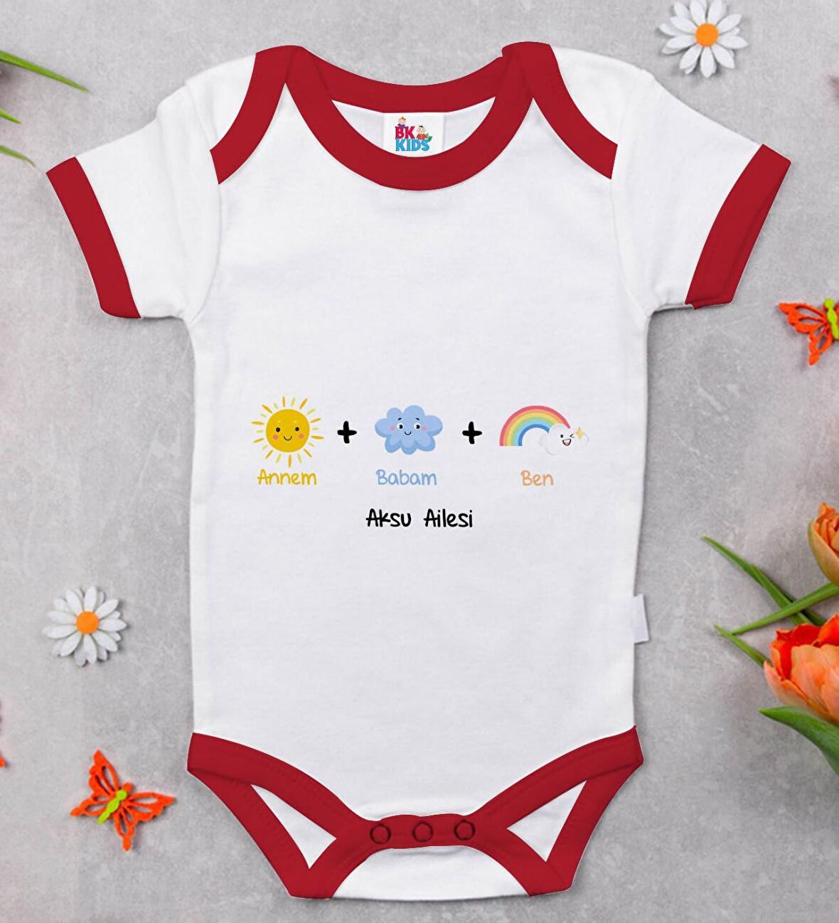 BK Kids Kişiye Özel Annem Babam Ben Tasarımlı Kırmızı Bebek Body Zıbın-1