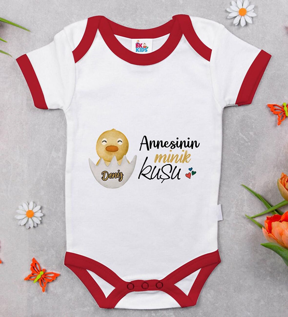 BK Kids Kişiye Özel Annesinin Minik Kuşu Tasarımlı Kırmızı Bebek Body Zıbın-1
