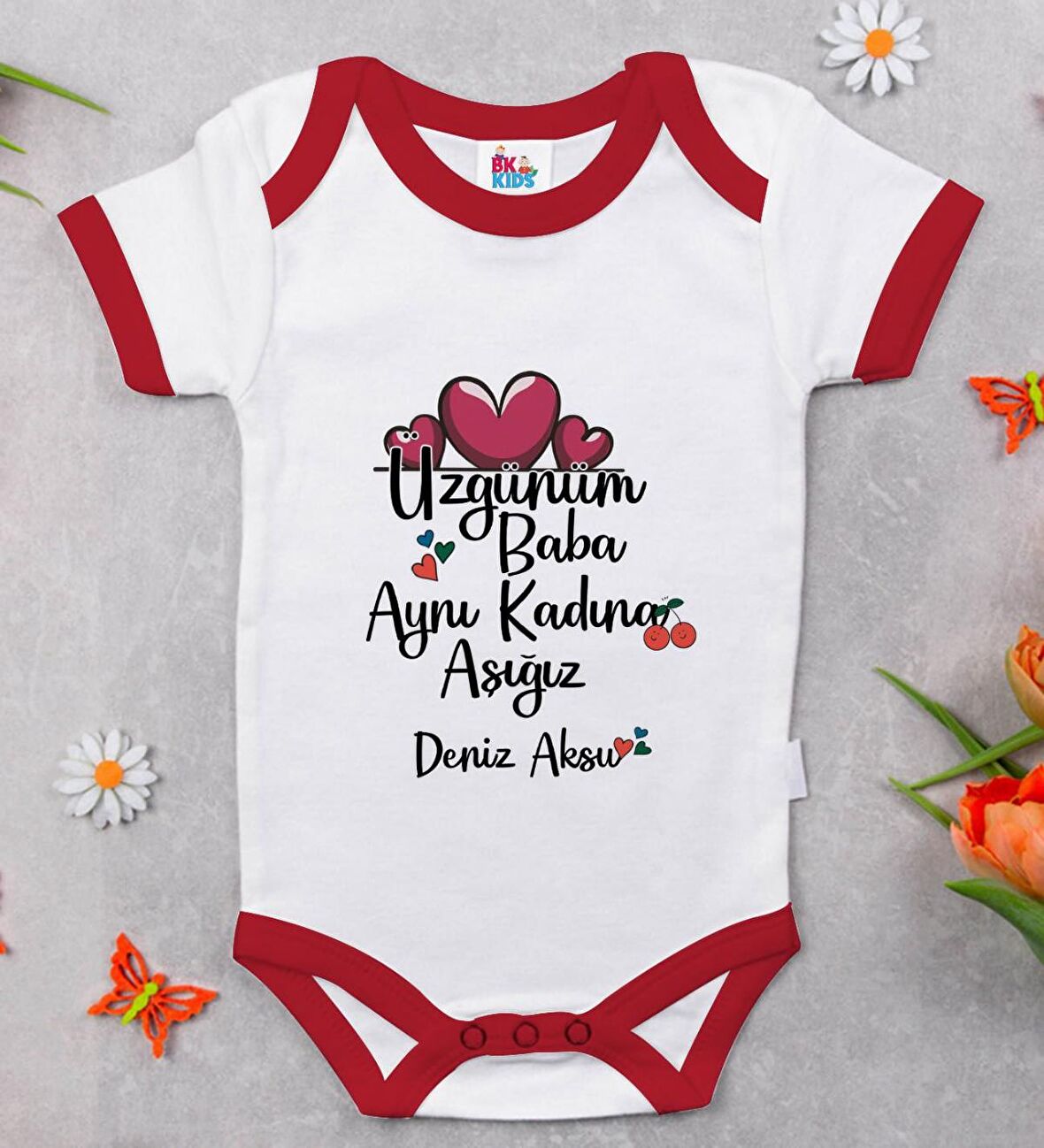 BK Kids Kişiye Özel Aynı Kadına Aşığız Tasarımlı Kırmızı Bebek Body Zıbın-2