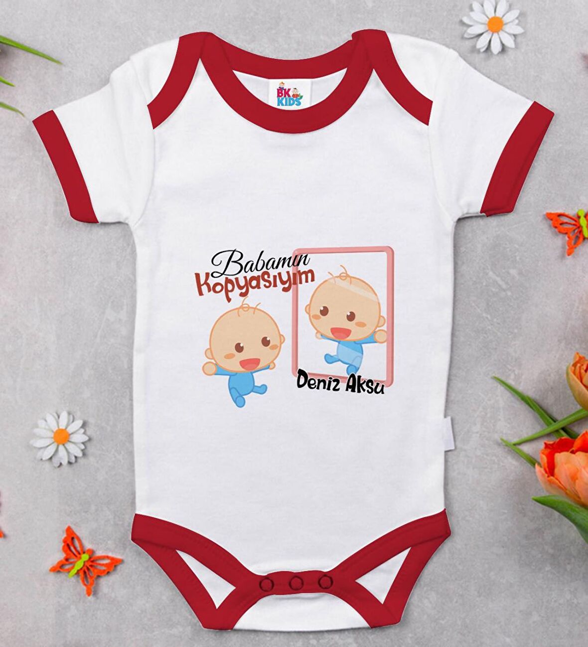 BK Kids Kişiye Özel Babamın Kopyasıyım Tasarımlı Kırmızı Bebek Body Zıbın-1