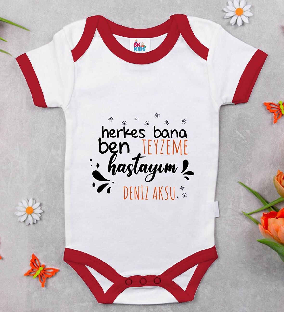 BK Kids Kişiye Özel Ben Teyzeme Hastayım Tasarımlı Kırmızı Bebek Body Zıbın-1