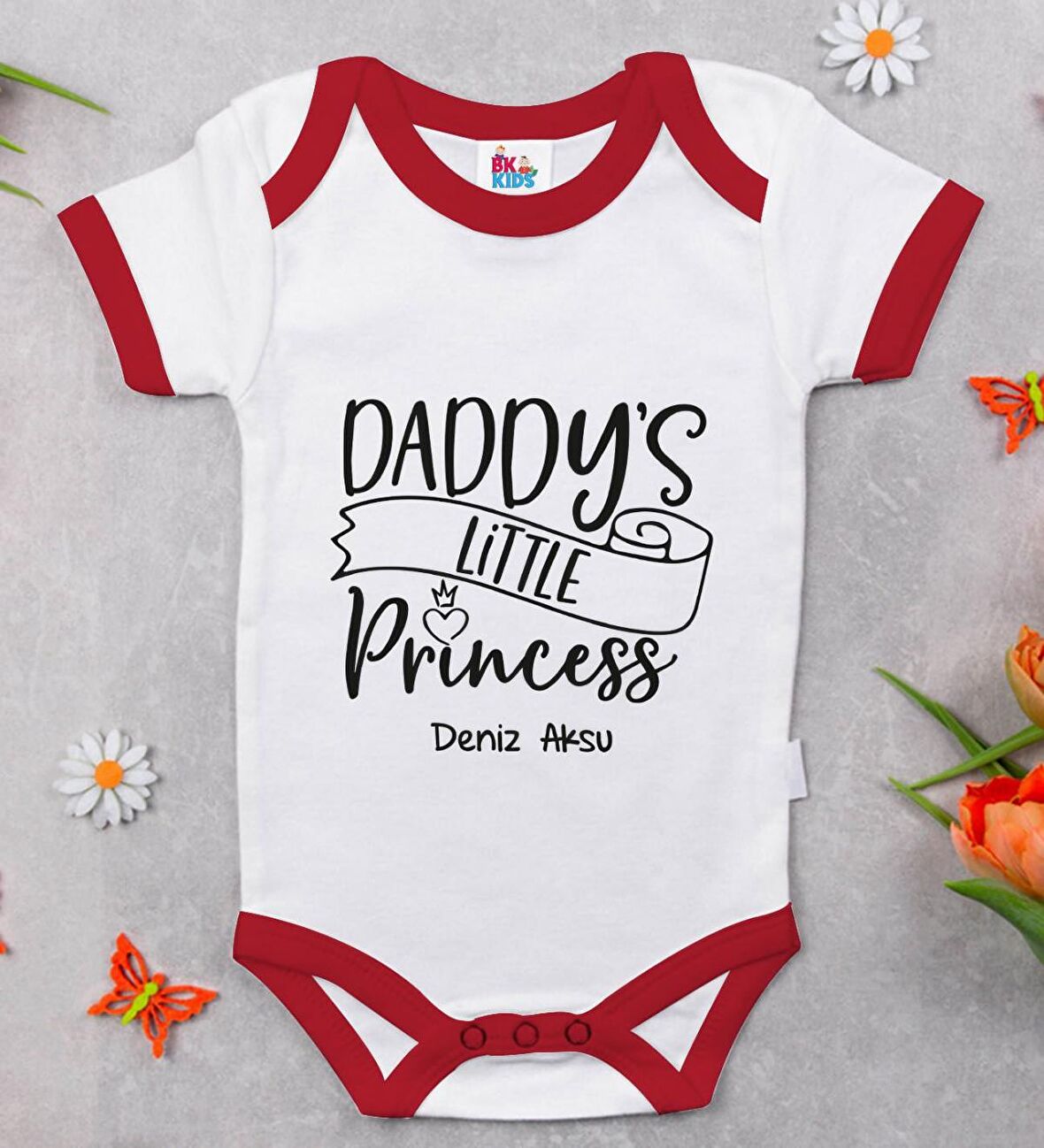 BK Kids Kişiye Özel Daddy's Little Princess Tasarımlı Kırmızı Bebek Body Zıbın-1