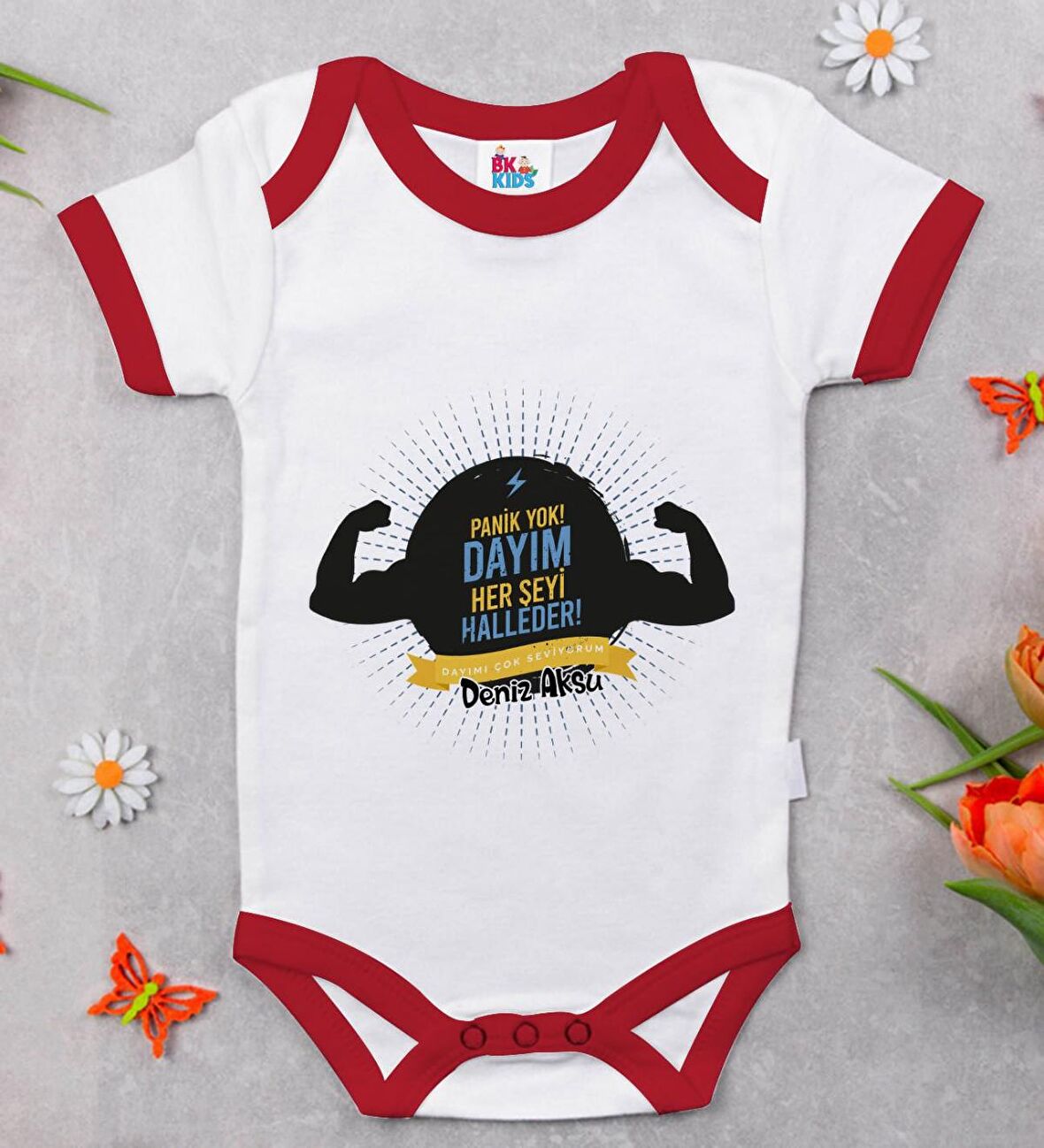 BK Kids Kişiye Özel Dayım Her Şeyi Halleder Tasarımlı Kırmızı Bebek Body Zıbın-1