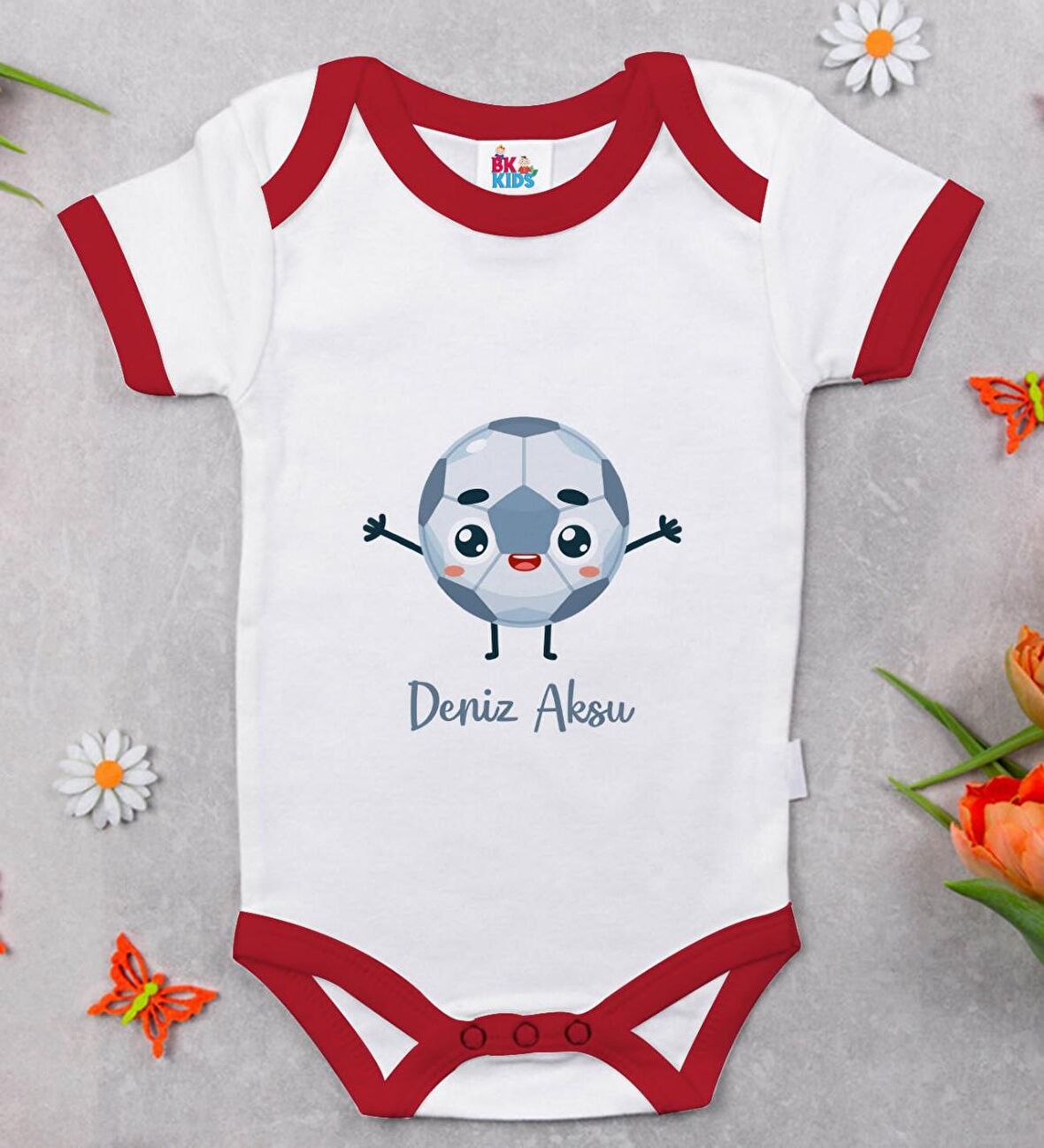 BK Kids Kişiye Özel Futbol Tasarımlı Kırmızı Bebek Body Zıbın-1