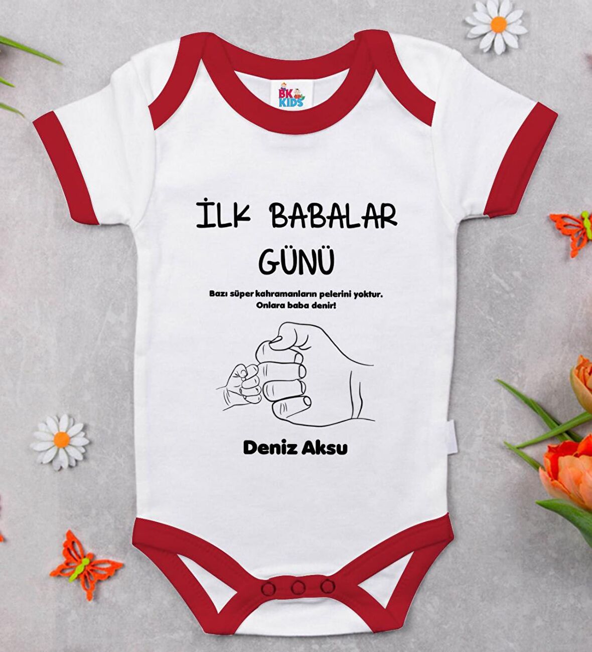 BK Kids Kişiye Özel İlk Babalar Günü Tasarımlı Kırmızı Bebek Body Zıbın-2