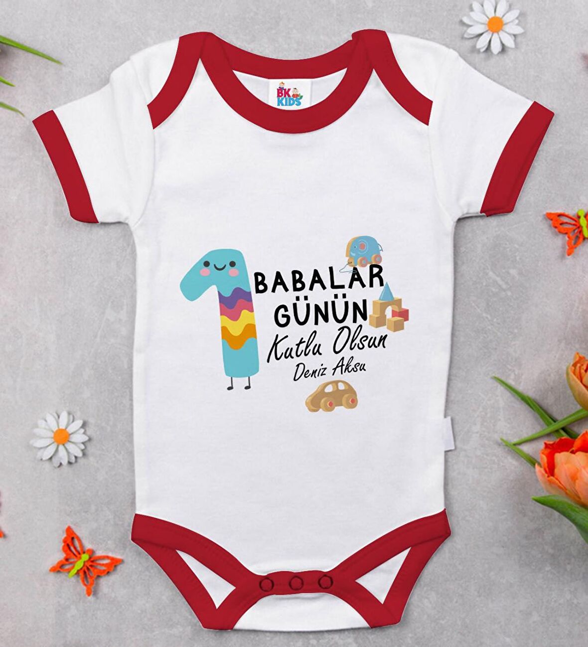 BK Kids Kişiye Özel İlk Babalar Günü Tasarımlı Kırmızı Bebek Body Zıbın-4