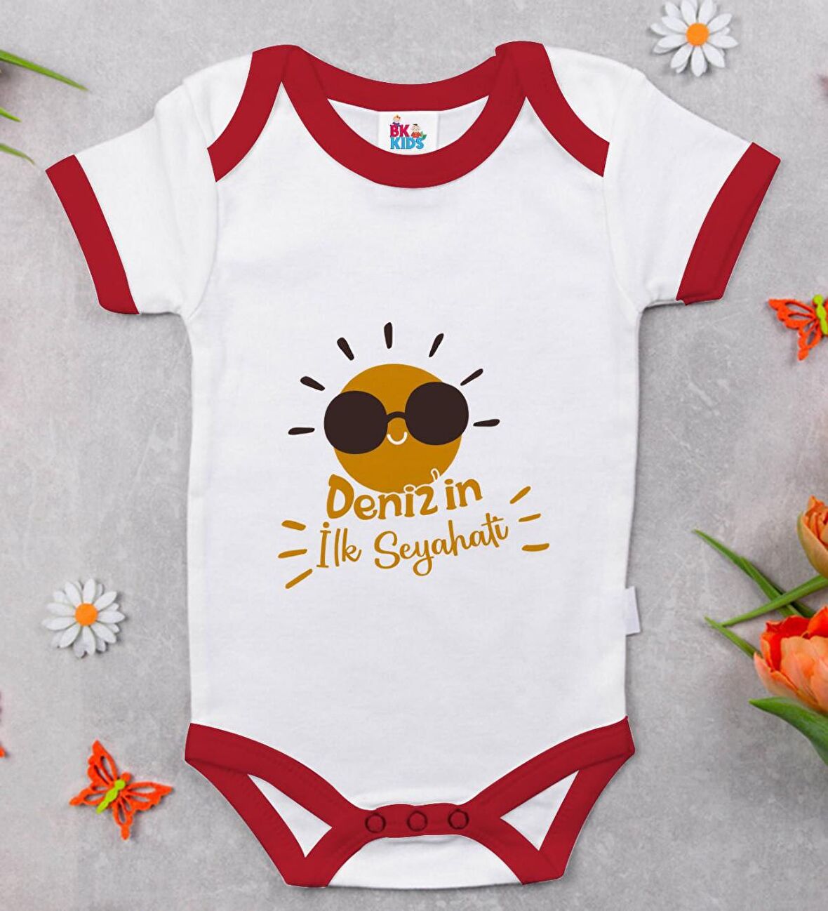 BK Kids Kişiye Özel İlk Seyahat Tasarımlı Kırmızı Bebek Body Zıbın-1