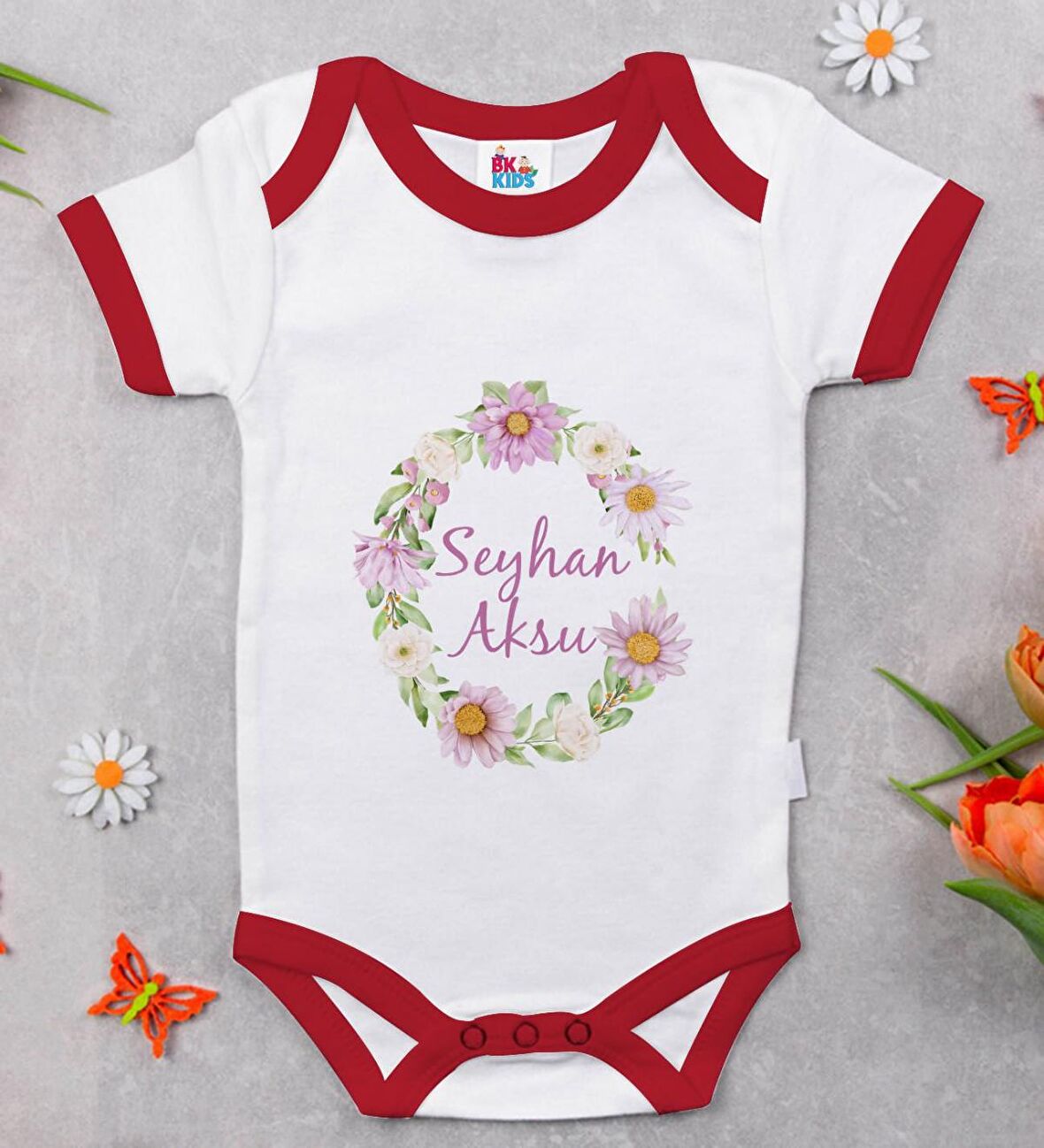 BK Kids Kişiye Özel Çiçek Tasarımlı Kırmızı Bebek Body Zıbın-4