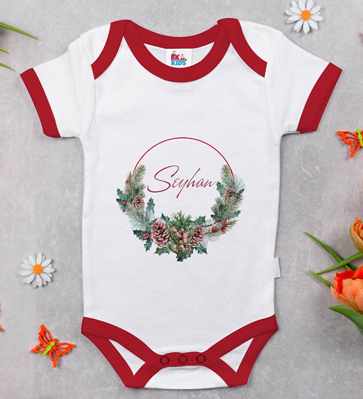 BK Kids Kişiye Özel Çiçek Tasarımlı Kırmızı Bebek Body Zıbın-7