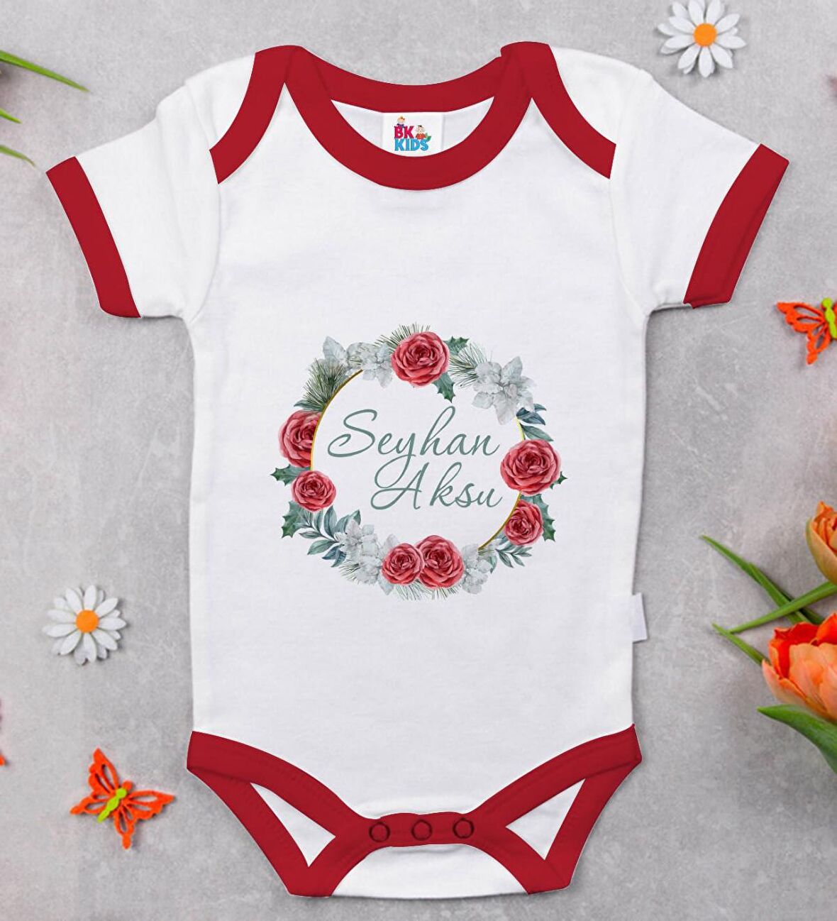 BK Kids Kişiye Özel Çiçek Tasarımlı Kırmızı Bebek Body Zıbın-8