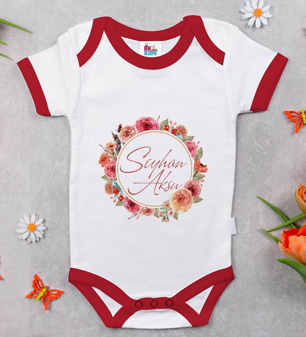 BK Kids Kişiye Özel Çiçek Tasarımlı Kırmızı Bebek Body Zıbın-12