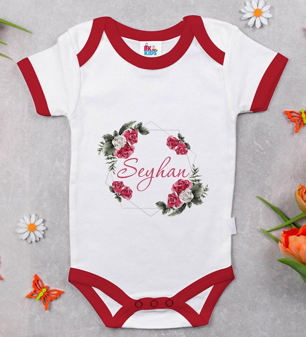BK Kids Kişiye Özel Çiçek Tasarımlı Kırmızı Bebek Body Zıbın-15