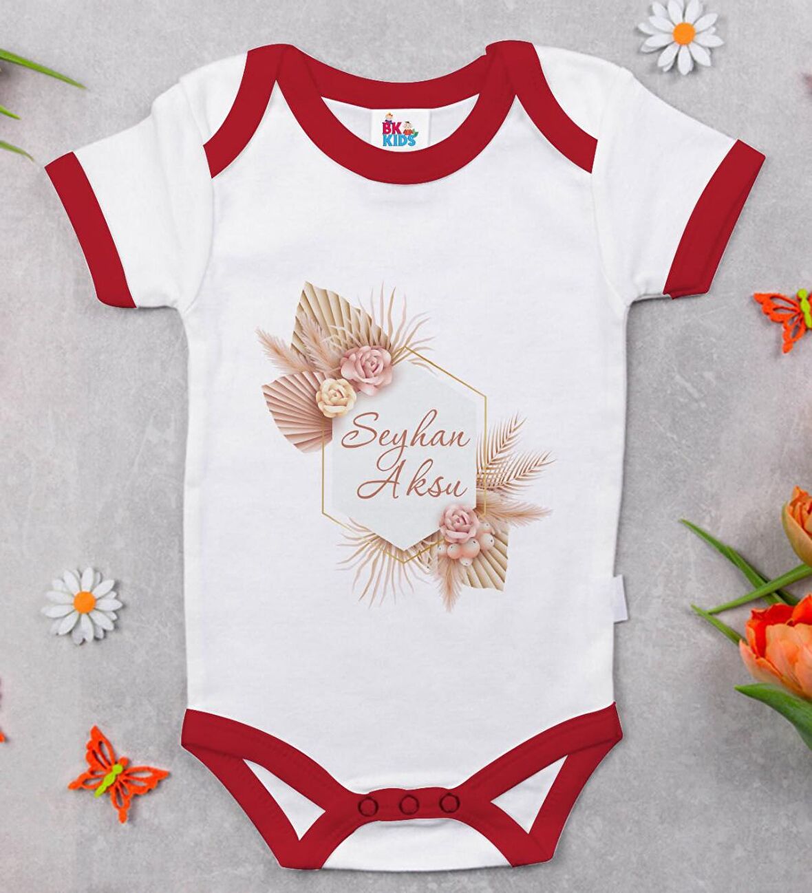 BK Kids Kişiye Özel Çiçek Tasarımlı Kırmızı Bebek Body Zıbın-16
