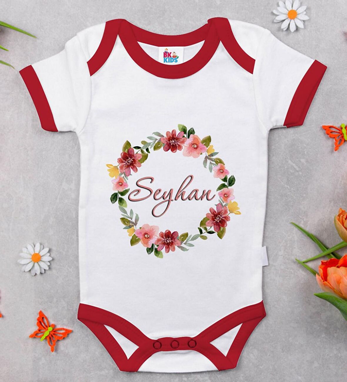 BK Kids Kişiye Özel Çiçek Tasarımlı Kırmızı Bebek Body Zıbın-19