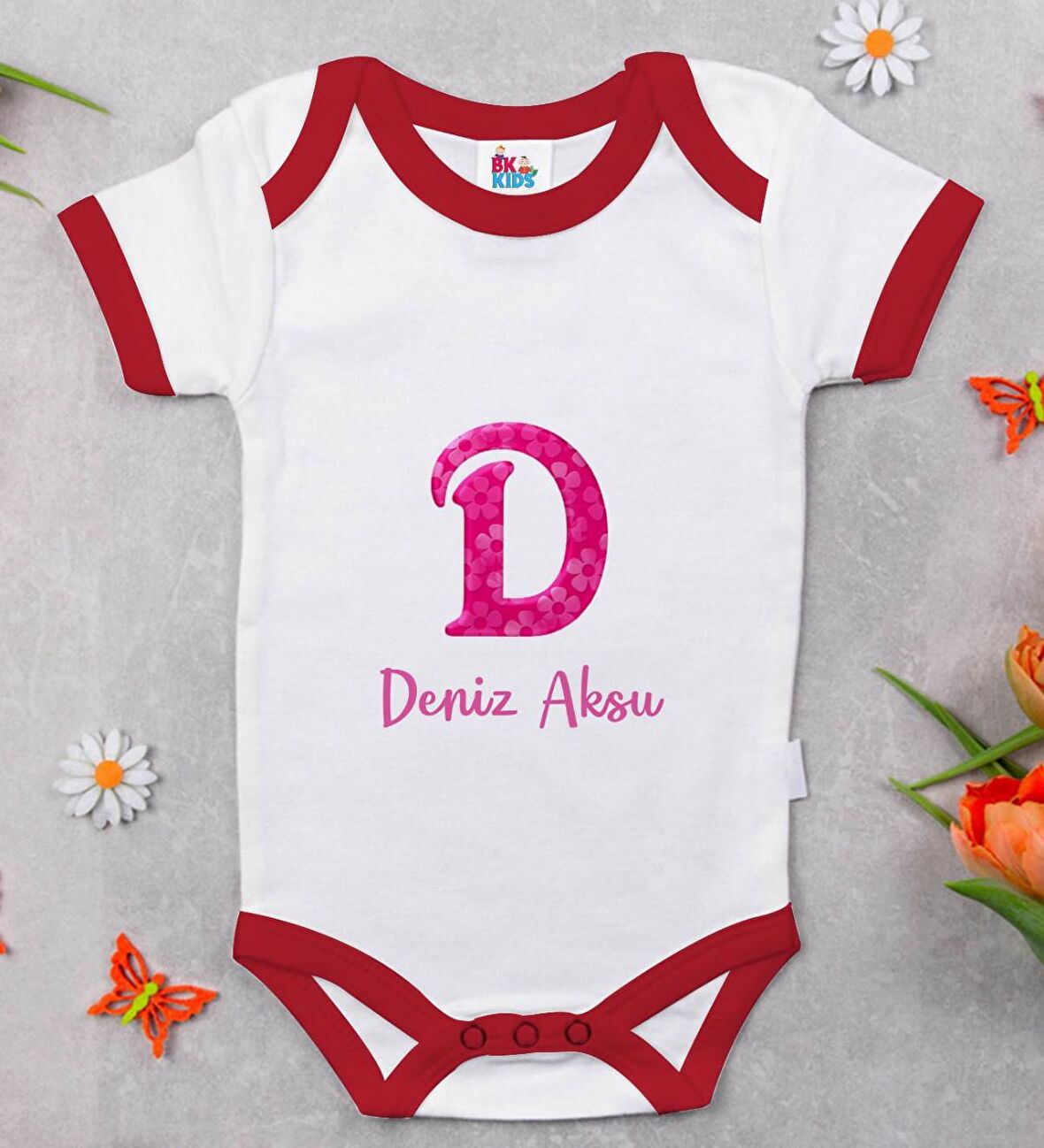 BK Kids Kişiye Özel Harfli Kırmızı Bebek Body Zıbın-3