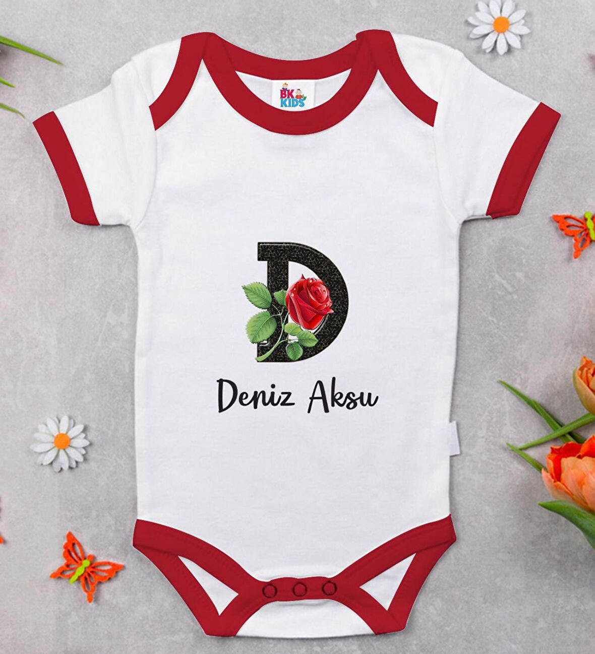 BK Kids Kişiye Özel Harfli Kırmızı Bebek Body Zıbın-5