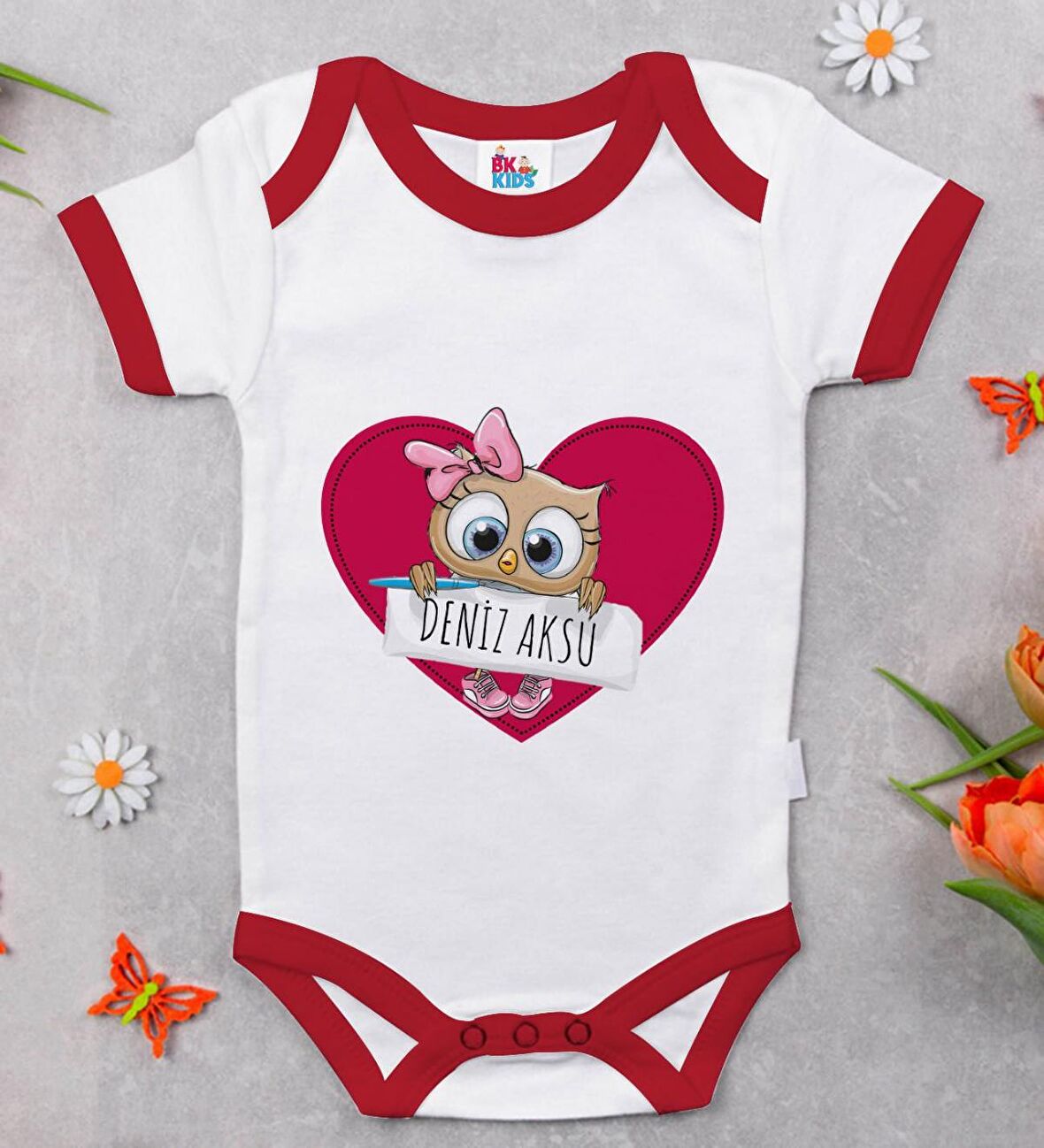 BK Kids Kişiye Özel İsimli Kırmızı Bebek Body Zıbın-44