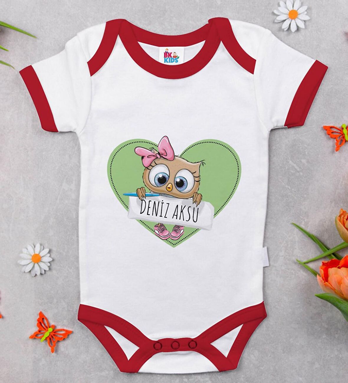 BK Kids Kişiye Özel İsimli Kırmızı Bebek Body Zıbın-45