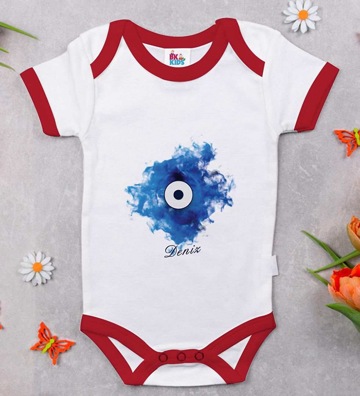 BK Kids Kişiye Özel Nazar Boncuğu Tasarımlı Kırmızı Bebek Body Zıbın-2