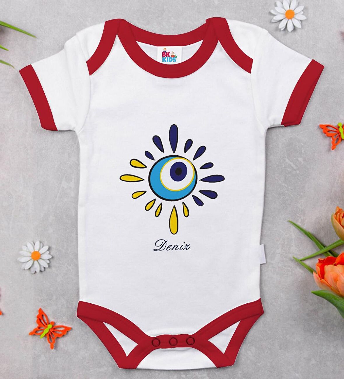 BK Kids Kişiye Özel Nazar Boncuğu Tasarımlı Kırmızı Bebek Body Zıbın-4