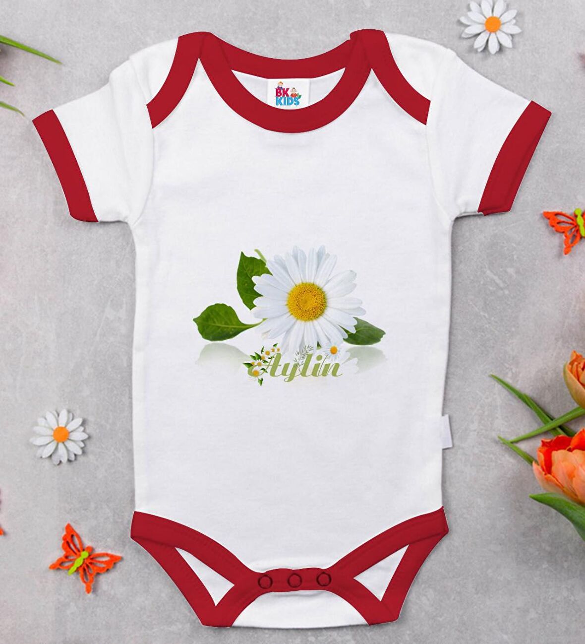 BK Kids Kişiye Özel Papatya Temalı Kırmızı Bebek Body Zıbın-4