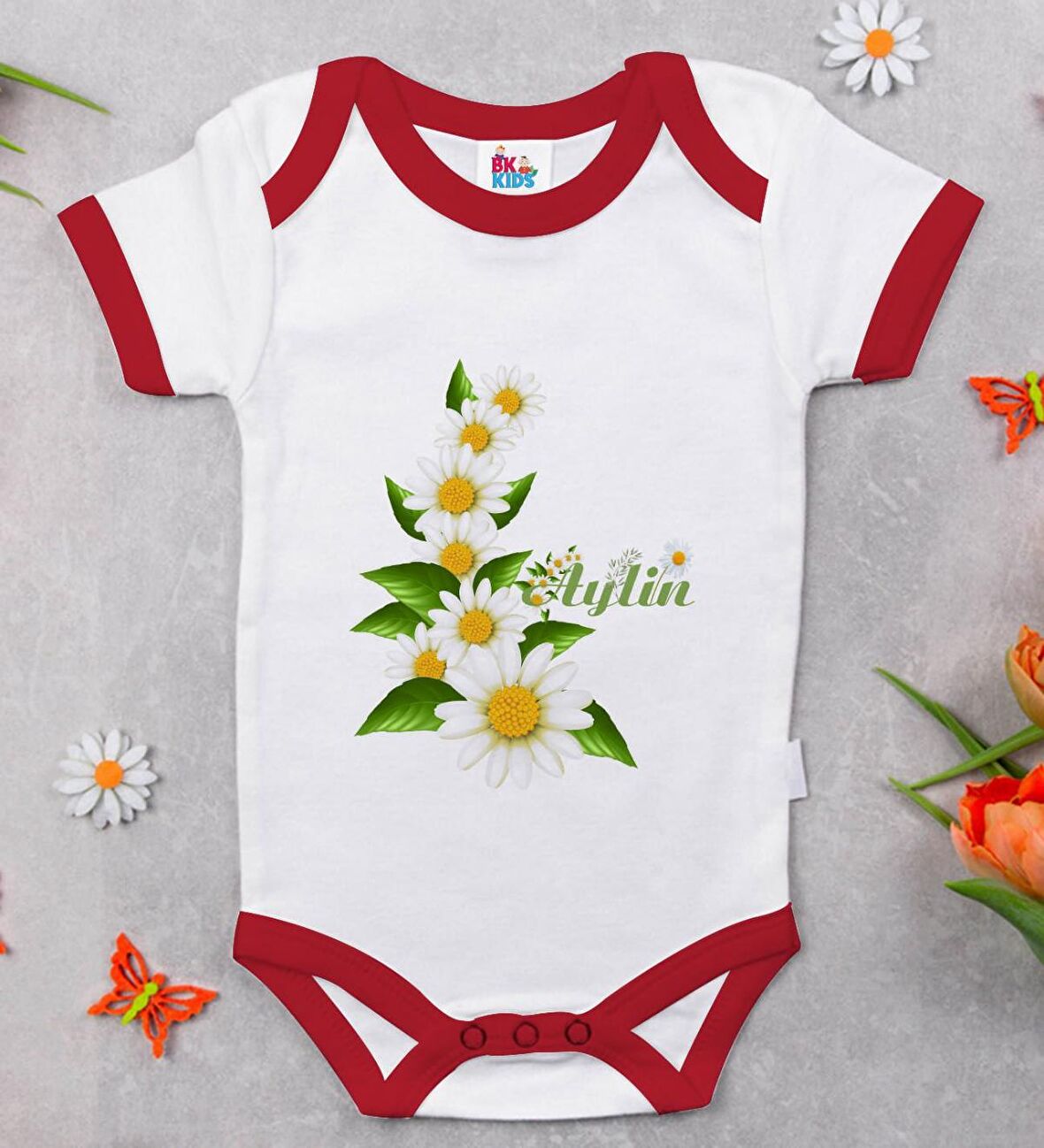 BK Kids Kişiye Özel Papatya Temalı Kırmızı Bebek Body Zıbın-8