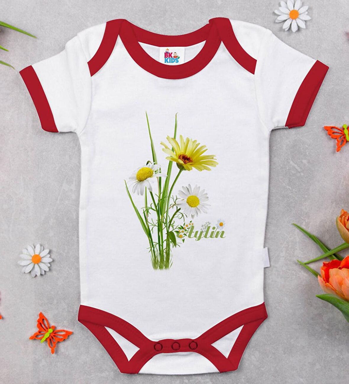 BK Kids Kişiye Özel Papatya Temalı Kırmızı Bebek Body Zıbın-11