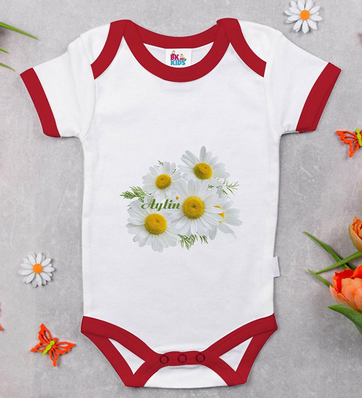 BK Kids Kişiye Özel Papatya Temalı Kırmızı Bebek Body Zıbın-12