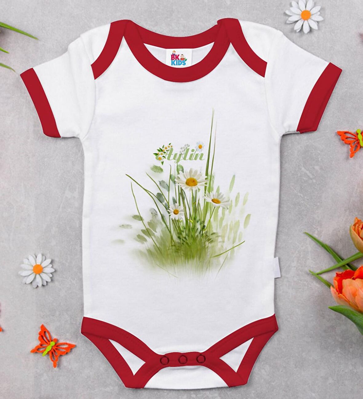 BK Kids Kişiye Özel Papatya Temalı Kırmızı Bebek Body Zıbın-13
