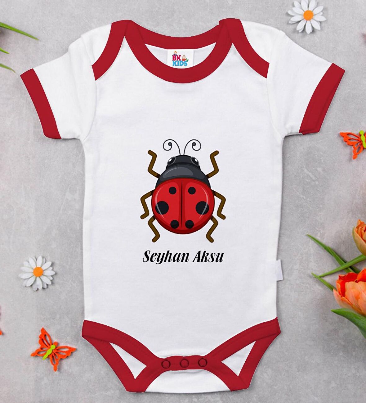 BK Kids Kişiye Özel Uğur Böceği Tasarımlı Kırmızı Bebek Body Zıbın-1