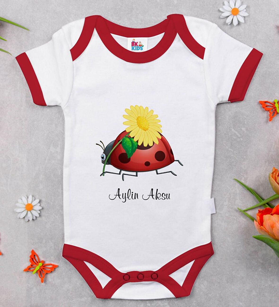 BK Kids Kişiye Özel Uğur Böceği Tasarımlı Kırmızı Bebek Body Zıbın-2