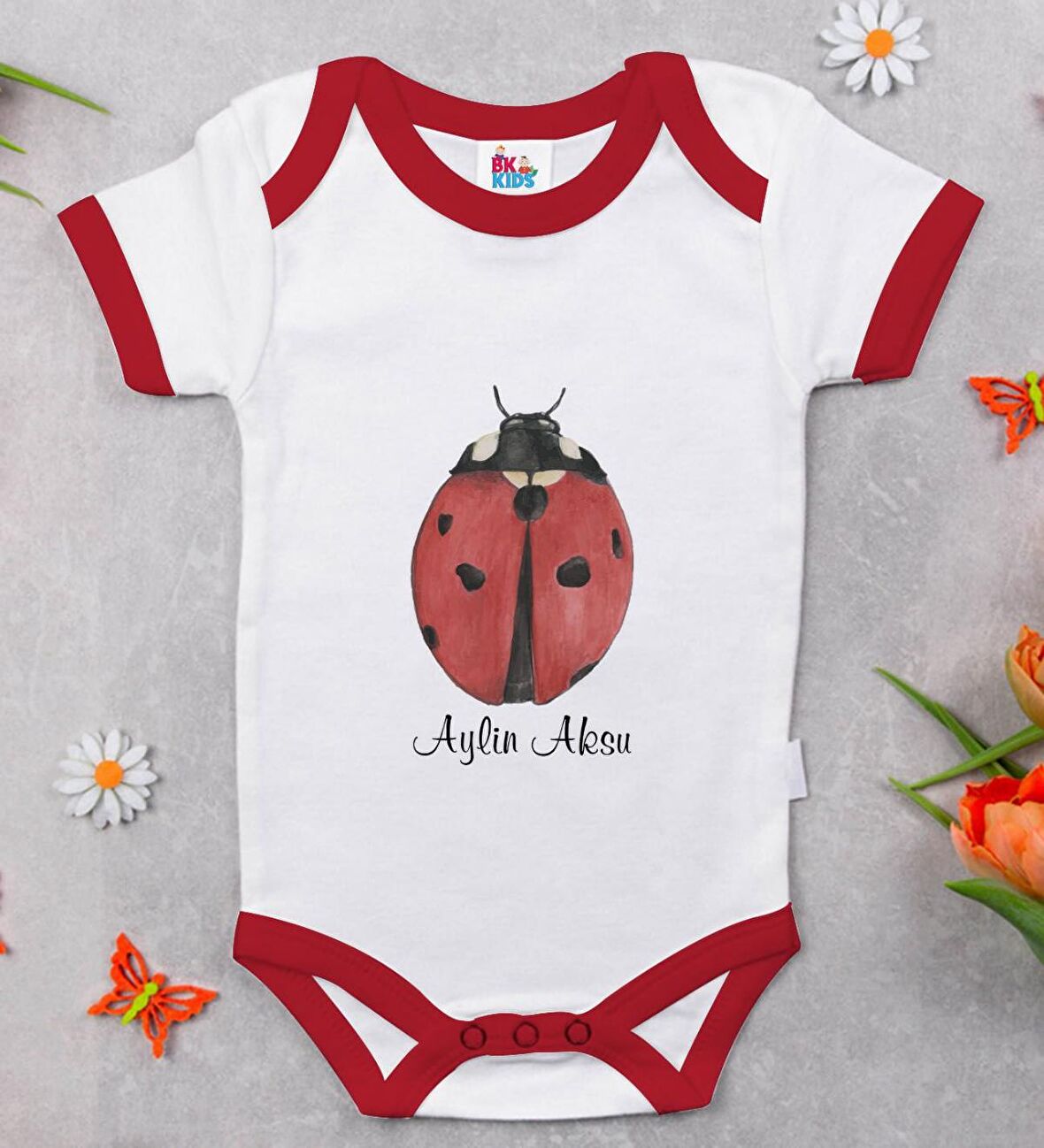 BK Kids Kişiye Özel Uğur Böceği Tasarımlı Kırmızı Bebek Body Zıbın-3