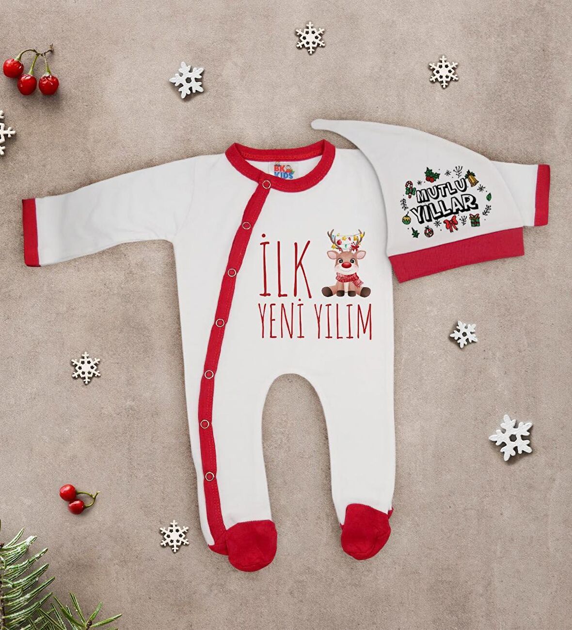 BK Gift Kişiye Özel Yılbaşı Temalı Tulum Zıbın ve Kukuletalı Şapka Seti-1