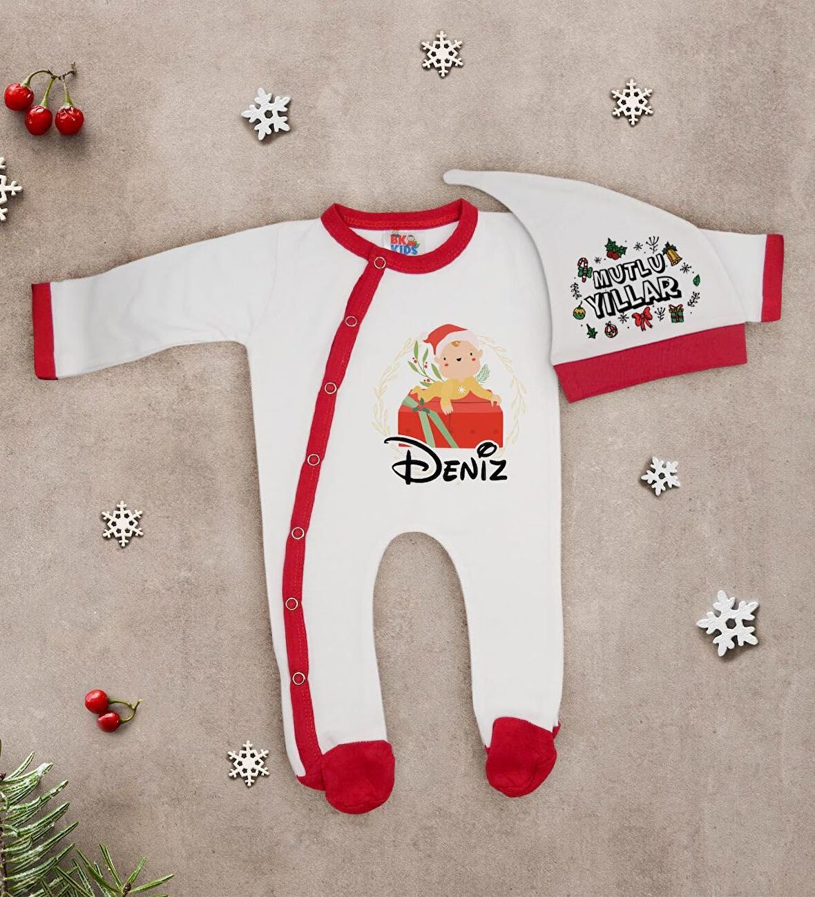 BK Gift Kişiye Özel Yılbaşı Temalı Tulum Zıbın ve Kukuletalı Şapka Seti-3
