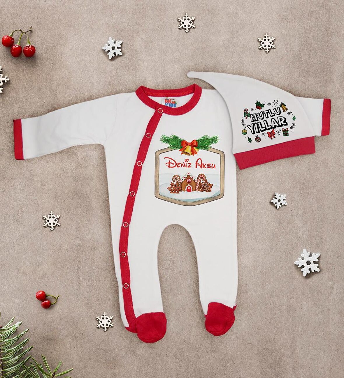 BK Gift Kişiye Özel Yılbaşı Temalı Tulum Zıbın ve Kukuletalı Şapka Seti-10