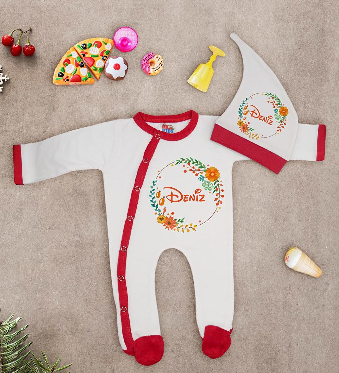 BK Kids Kişiye Özel Çiçek Tasarımlı Kırmızı Tulum Zıbın ve Kukuletalı Şapka Seti-1
